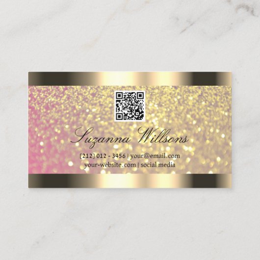 Elegantie Roze Gouden Glitter Gouden Rand QR Code Visitekaartje (Achterkant)