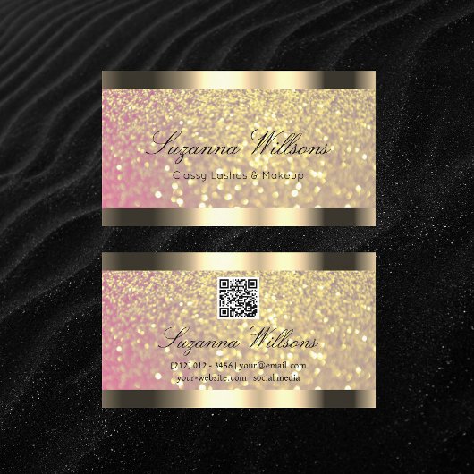 Elegantie Roze Gouden Glitter Gouden Rand QR Code Visitekaartje