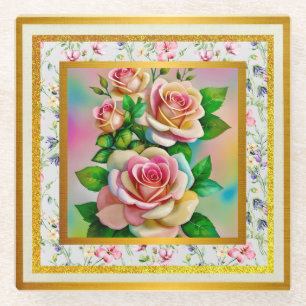 Elegantie Rozen Roze en Geel Waterverf Pastel Glazen Onderzetter