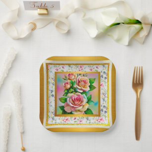Elegantie Rozen Roze en Geel Waterverf Pastel Papieren Bordje