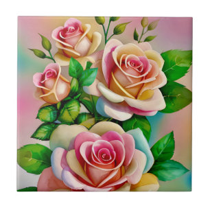 Elegantie Rozen Roze en Geel Waterverf Pastel Tegeltje