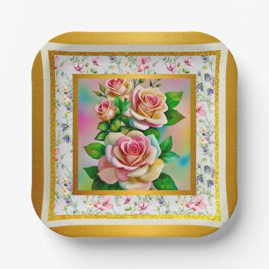 Elegantie Rozen Roze en Gele Waterverf Pastel Papieren Bordje (Voorkant)