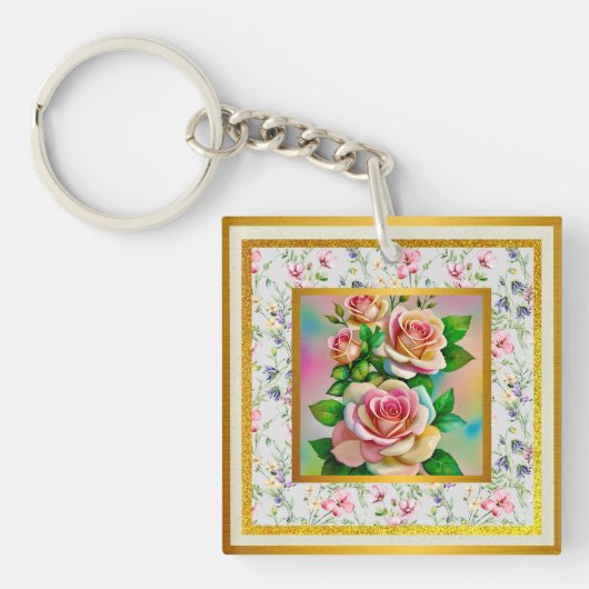 Elegantie Rozen Roze en Gele Waterverf Pastel Sleutelhanger (voorkant)