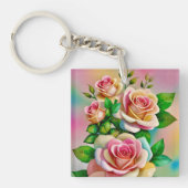 Elegantie Rozen Roze en Gele Waterverf Pastel Sleutelhanger (voorkant)