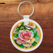 Elegantie Rozen Roze en Gele Waterverf Pastel Sleutelhanger (Voorkant)