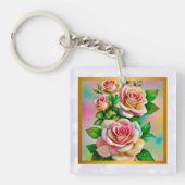 Elegantie Rozen Roze en Gele Waterverf Pastel Sleutelhanger (voorkant)