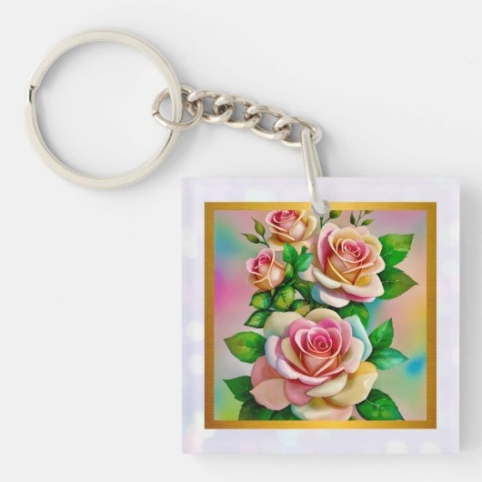 Elegantie Rozen Roze en Gele Waterverf Pastel Sleutelhanger (voorkant)