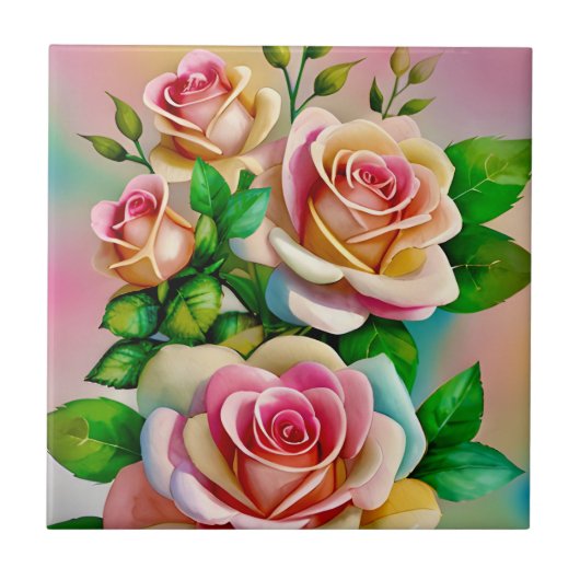 Elegantie Rozen Roze en Gele Waterverf Pastel Tegeltje (Voorkant)