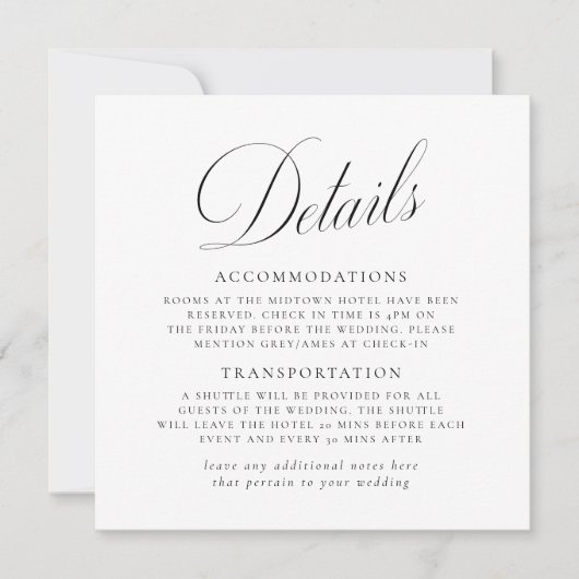  Elegantie Script bruiloft details Kaart (Voorkant)