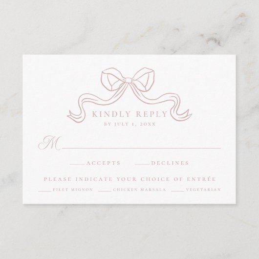 Elegantie Stoffig Roos Bow Trouwmaaltijd RSVP Informatiekaartje (Voorkant)