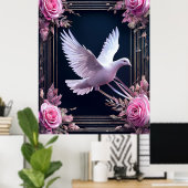Elegantie van witte duif met roze rozen poster (Thuiskantoor)
