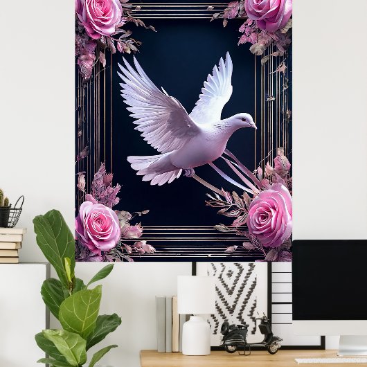 Elegantie van witte duif met roze rozen poster (Thuiskantoor)