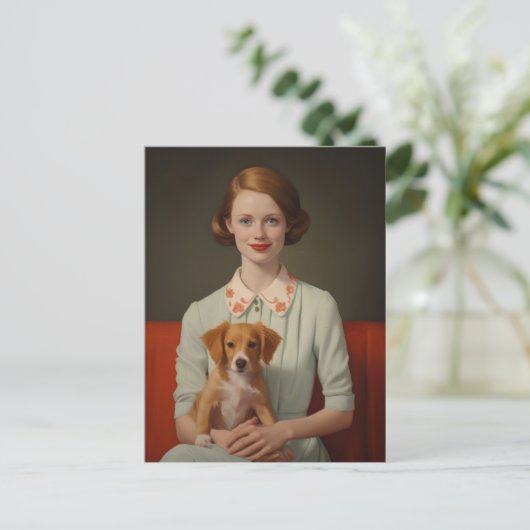  elegantie: vrouw met puppy in pastel briefkaart (Staand voorkant)