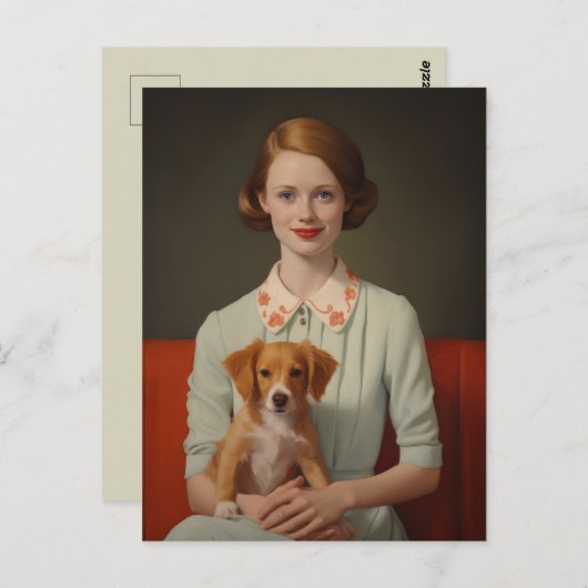  elegantie: vrouw met puppy in pastel briefkaart (Voorkant / Achterkant)