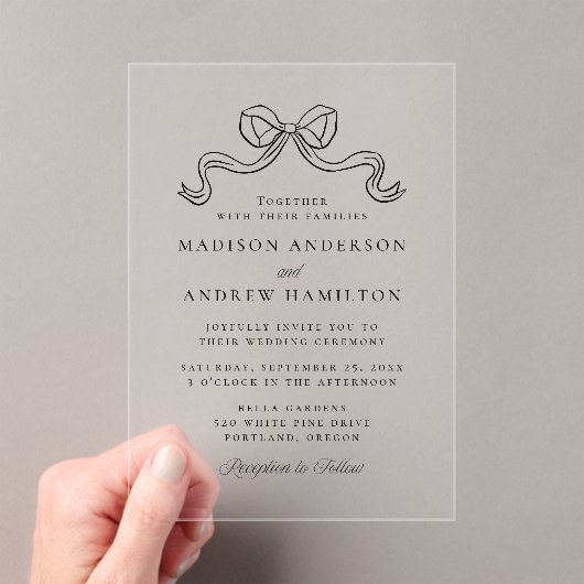 Elegantie Zwart Bow Bruiloft Acryl Uitnodigingen (Insitu (Draagbaar))