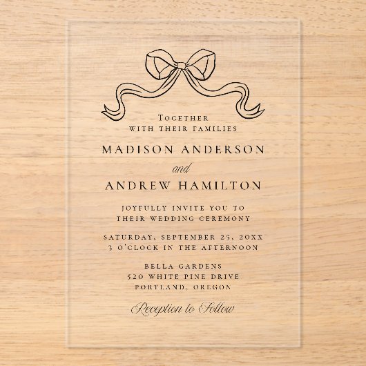  Elegantie Zwart Bow Bruiloft Acryl Uitnodigingen (Voorkant)