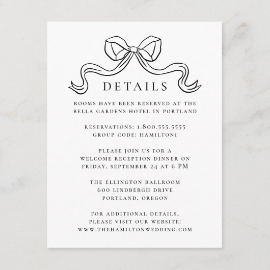  Elegantie Zwart Bow Bruiloft Details Informatiekaartje (Voorkant)