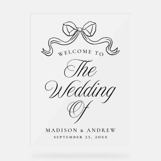  Elegantie Zwart Bow Bruiloft Welkom Frosted Acryl Bord (Voorkant)