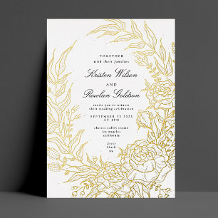 Elegantie Zwarte Bloemen Gouden Krans Bruiloft Folie Uitnodiging