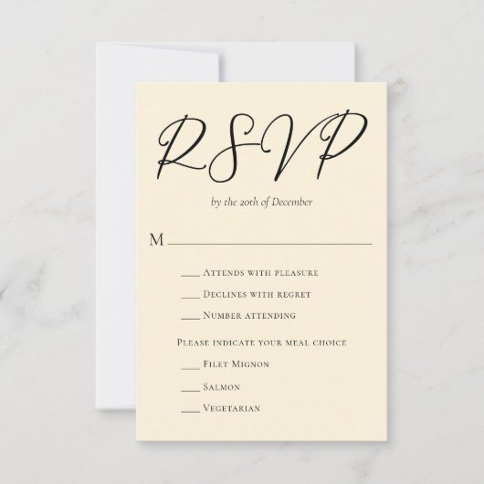 Eleganty Ivoor Minimalistische Bruiloft Maaltijd K RSVP Kaartje (Voorkant)