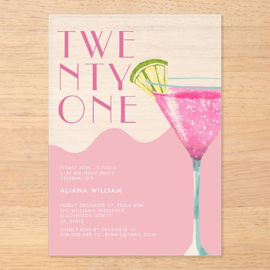 Elegent Chic Pink Cocktail 21e verjaardag Acryl Uitnodigingen (Voorkant)