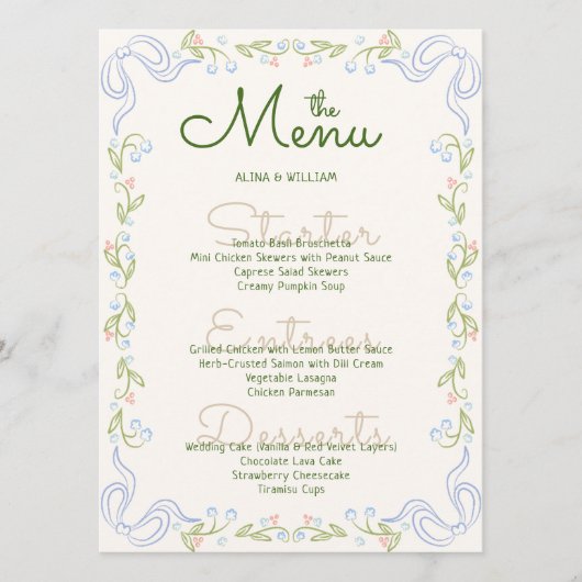 Elegent Floral Bow Border Minimal  Menu (Voorkant)