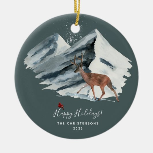 Elegent Kerstmis Winter Mountain Scene Foto Keramisch Ornament (Voorkant)