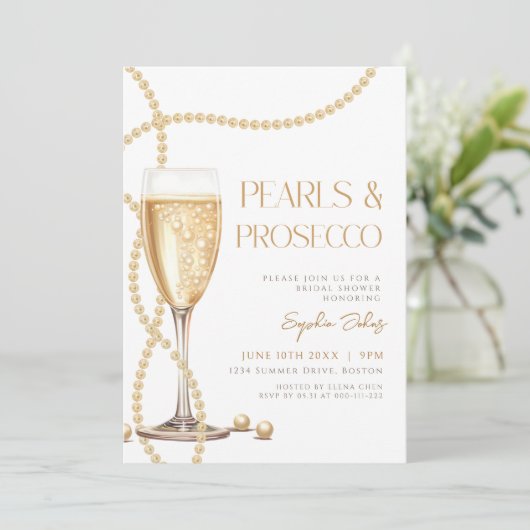 Elegent Parels & Prosecco Vrijgezellenfeest Kaart (Staand voorkant)