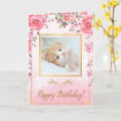 Elegent Pink Rose Cute Golden Kitten Birthday Kaart (Gele Bloem)