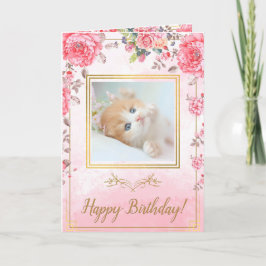 Elegent Pink Rose Cute Golden Kitten Birthday Kaart