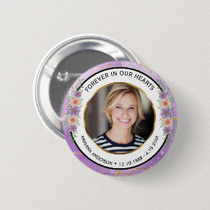 Elegente paarse en gouden bloemige herdenkingsfoto ronde button 5,7 cm