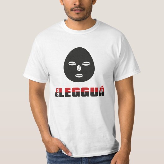 Eleggua, naam en kop op wit t-shirt (Voorkant)