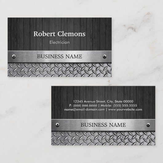 elektricien - hout en metaalblikken visitekaartje (Voorkant / Achterkant)