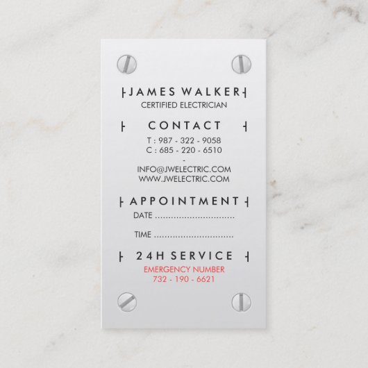Elektricien moderne eenvoudige witte elektroafzet afsprakenkaartje (Achterkant)