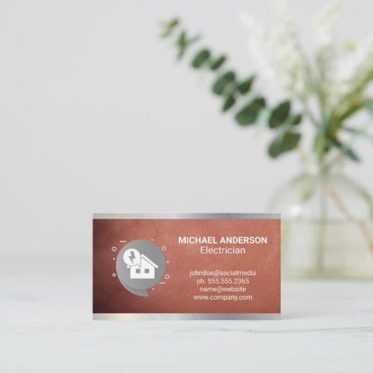 Elektriciteit en Home Logo | Metaal Leer Visitekaartje (Staand voorkant)
