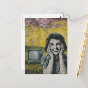Elektrificerende collage van een vrouw roze gele l briefkaart