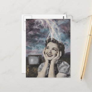 Elektrificerende collage van vrouw blauw en paarse briefkaart