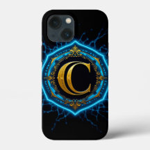 Elektrisch blau glazuur goud C monogram luxe neon