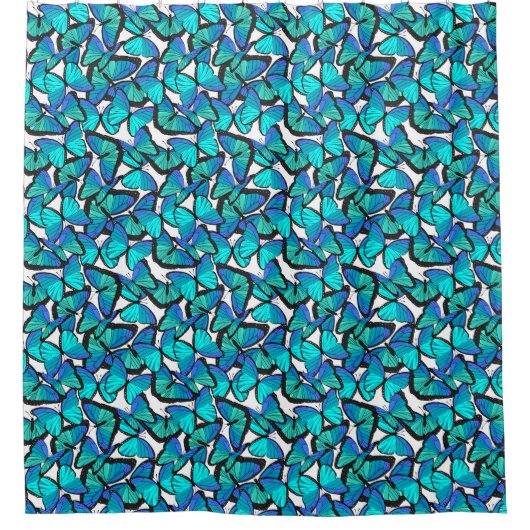 Elektrisch blauw en Aqua Tropisch Bosvlinder Douchegordijn (Voorkant)