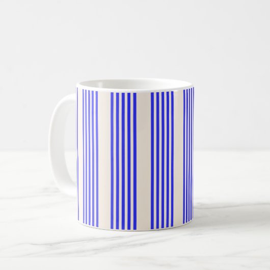 Elektrisch blauw en beige vijf strips koffiemok (Voorkant links)