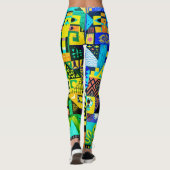 Elektrisch Blauw Gele Volkskunstdeken Leggings (Achterkant)