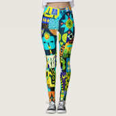 Elektrisch Blauw Gele Volkskunstdeken Leggings (Voorkant)