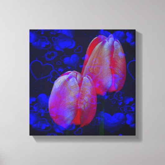 Elektrisch blauw hart en roze tulpen canvas afdruk (Voorkant)