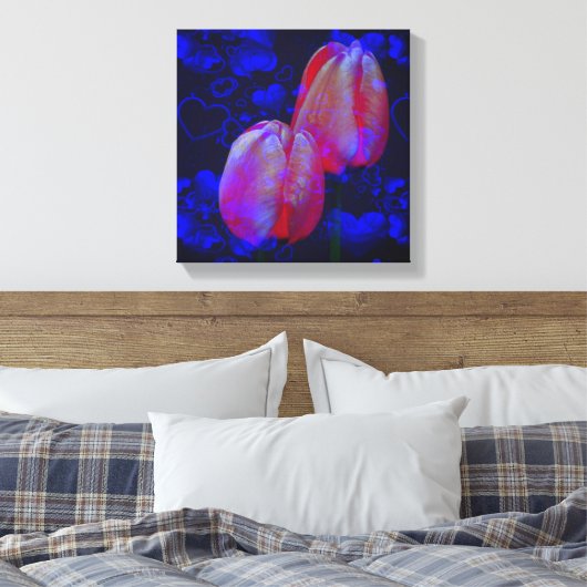 Elektrisch blauw hart en roze tulpen canvas afdruk (Insitu (Slaapkamer))