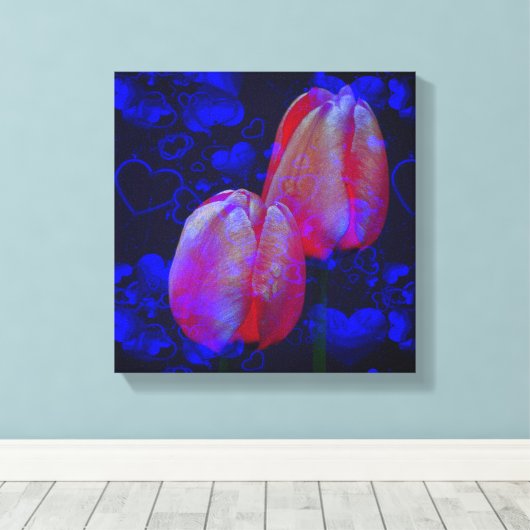Elektrisch blauw hart en roze tulpen canvas afdruk (Insitu (Houten vloer))