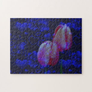Elektrisch blauw hart en roze tulpen legpuzzel