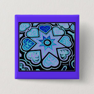 Elektrisch blauw hart en sterrenplein vierkante button 5,1 cm