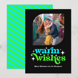 Elektrisch Blauw & Neon Groen Retro Kerst Foto Feestdagenkaart