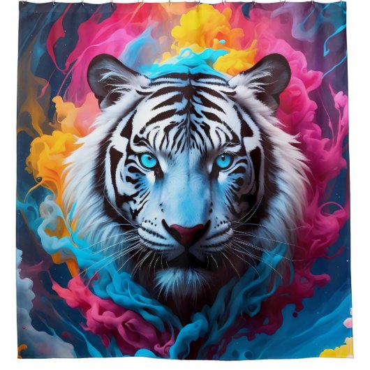 Elektrisch Blauw Neon Sneeuw Tijger Portret Douchegordijn (Voorkant)