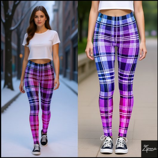 Elektrisch Blauw Roze Geruite Gradiënt Ontwerp Leggings